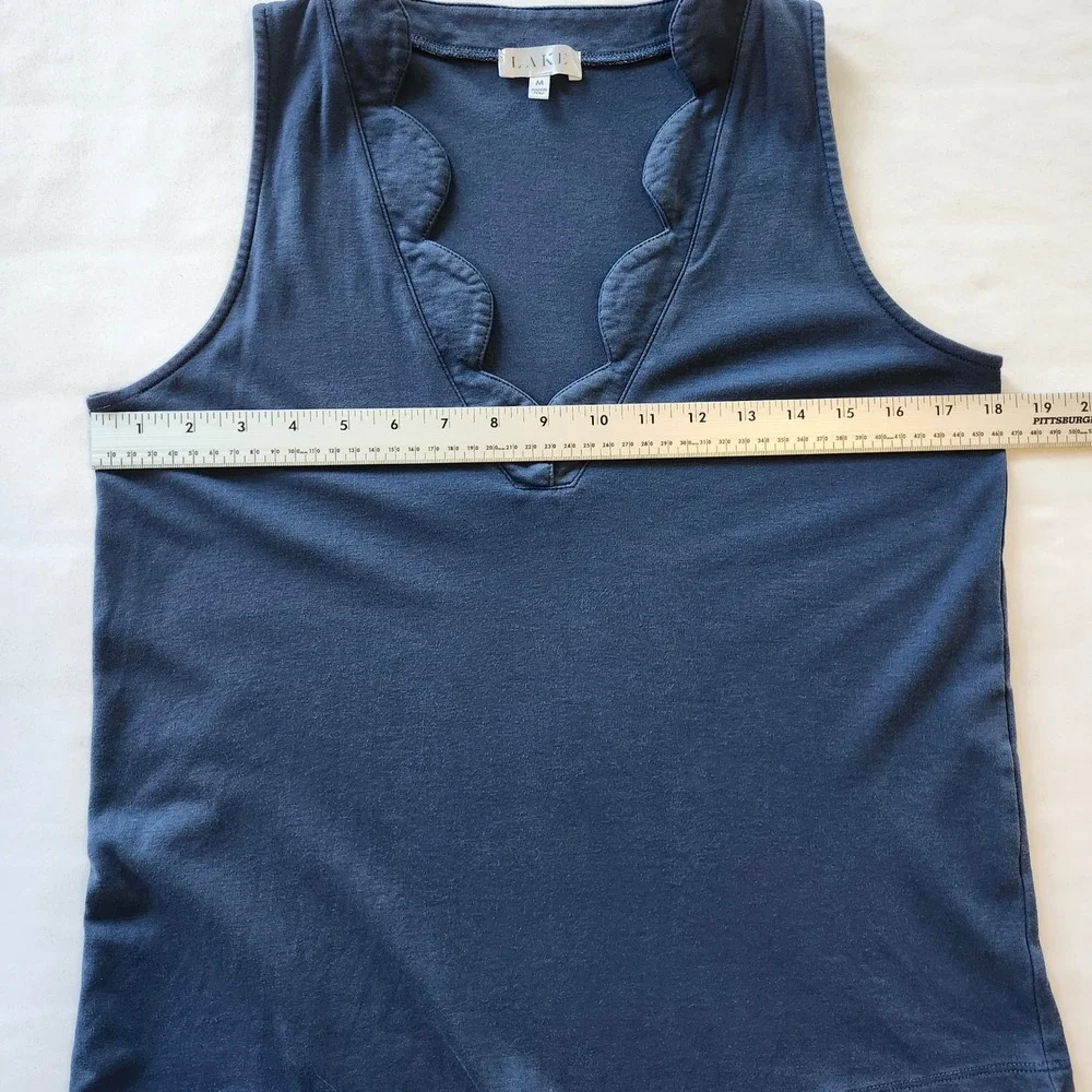 Lake Pajamas PJ Set Navy Blue 100% Pima Cotton Scallop Tank & Pants Women Medium - Picture 8 of 8